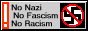 a button that has a gray background with text reading 'no nazi no facism no racism', to the left is a red exclamation point and to the right is a swastika with a cancel sign over it